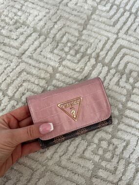 GUESS Pink Croc-Embossed Compact Wallet with Gold Logo
